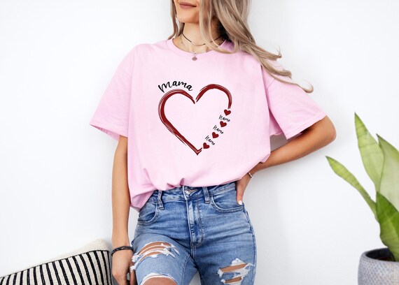 Custom Mama Heart Shirt: Kids Names Graphic - Personalized Gift, Cotton-Polyester Blend, Mothers Day Apparel