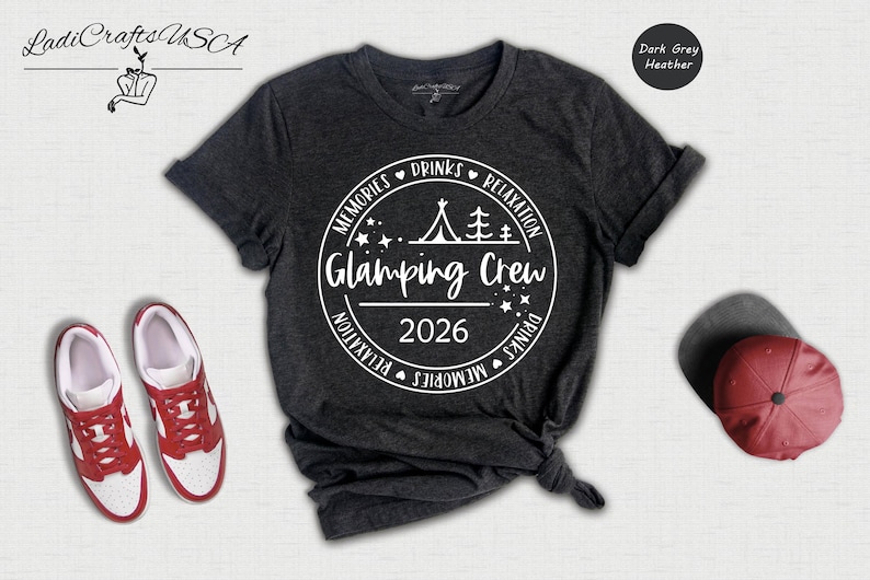 a black t-shirt with white text and graphics, a pair of red sneakers, a red baseball cap, and a black and white graphic of a tent.