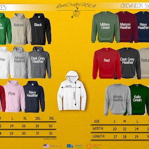 a collection of hoodies and crew neck sweatshirts in various colors and sizes, arranged in a grid format.