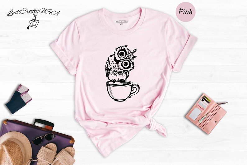 Camiseta de Búho Café - Camiseta de Búho Nocturno - Estampado Animal Nocturno, Mezcla de Algodón, Ropa Casual para el Turno de Noche imagen 2