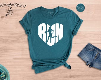 Run Heart Shirt, Runner Silhouette Tee, Marathon Lover Gift, Running Shirt for Women, Cute Workout Top