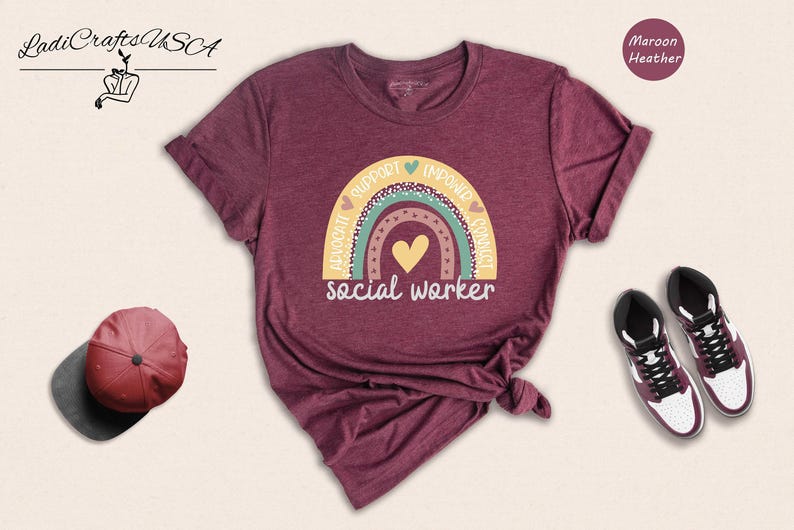 Social Worker Shirt, Boho Rainbow Heart Tee, Advocate Support Empower Gift, Social Work Squad Top image 6