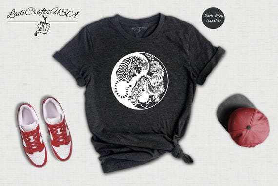 Tiger Shirt Japanese Tattoo Style, Yin Yang Dragon Graphic (Unisex S-XXL, Cotton Blend, Pre-Shrunk Fabric)