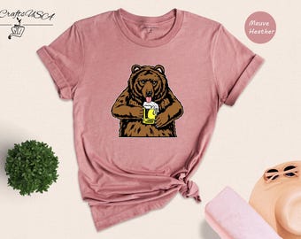 Funny Bear Drinking Beer Shirt, Grizzly Bear Beer Lover Tee, Retro Wildlife Graphic T-Shirt, Gift for Beer Lover Dad Husband