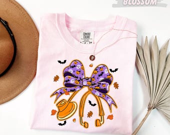 Comfort Colors™ Halloween Nurse Shirt, Coquette Bow Stethoscope Tee, Cute Fall Nurse Gift, Funny Nursing Shirt