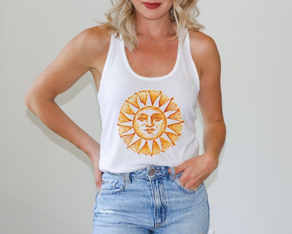 Boho Sun Shirt Tank Top - Vintage Graphic Tee - Lightweight Cotton, Relaxed Fit, Ideal for Outdoor and Workout