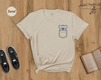 Koala Pocket Shirt Animal Lover Tee, Cute Koala Print (Unisex S-XXL, Cotton Blend, Relaxed Fit)