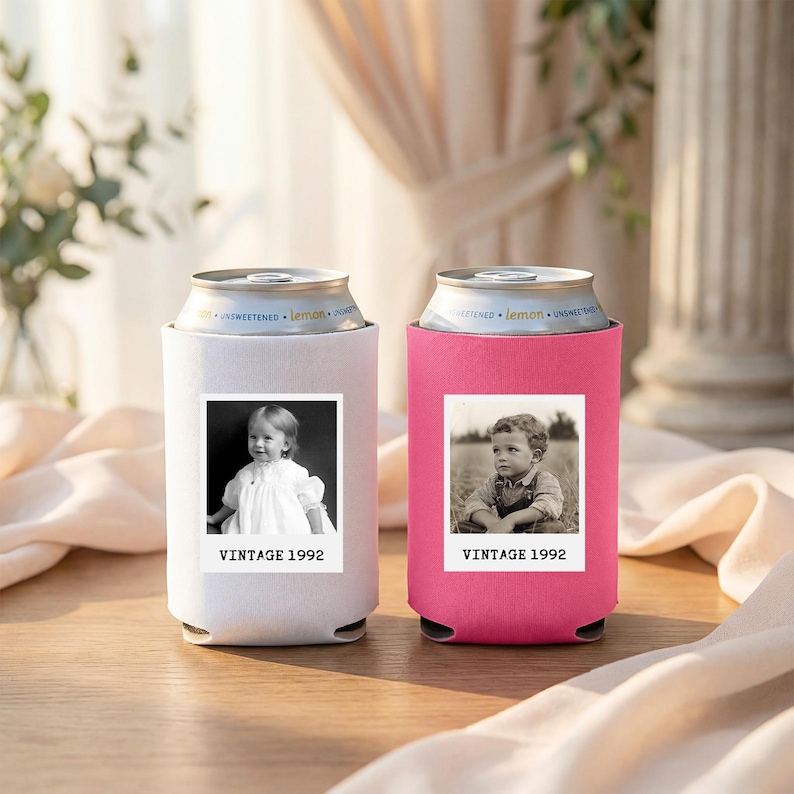 Two vintage-style can holders, one white and one pink, each featuring a black and white photograph of a young child.