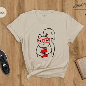 Squirrel and Book Shirt Cute Animal Tee, Glasses Wearing Squirrel (Unisex XS-XXL, 100% Cotton, Soft Print)