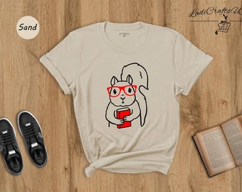 Squirrel and Book Shirt Cute Animal Tee, Glasses Wearing Squirrel (Unisex XS-XXL, 100% Cotton, Soft Print)