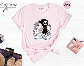 Halloween Unicorn Shirt: Cute Grim Reaper Design - Kawaii Halloween Outfit, Cotton Blend, Relaxed Fit