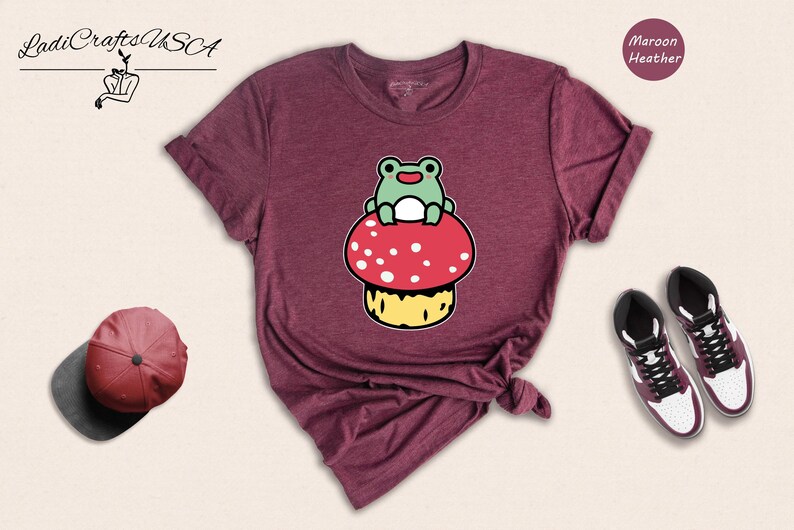 Cute Frog Mushroom Shirt, Kawaii Frog Tee, Cottagecore Animal Lover Gift, Funny Nature Shirt for Women image 2