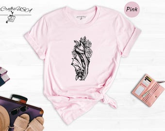 Floral Bat Shirt: Feminine Witchy Goth Design - Cotton Blend, Relaxed Fit, Halloween Graphic Tee