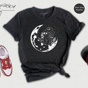 Witchy Mushroom Tee Botanical Shirt, Mystical Moon Phase Design (Unisex S-XXL, Cotton Blend, Nature Lover Gift)