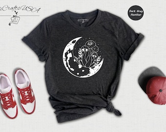 Witchy Mushroom Tee Botanical Shirt, Mystical Moon Phase Design (Unisex S-XXL, Cotton Blend, Nature Lover Gift)