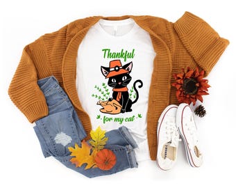 Thankful For My Cat Shirt, Funny Fall Cat Lover Tee, Thanksgiving Black Cat Shirt, Autumn Turkey Graphic Tee