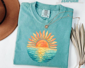 Comfort Colors™ Retro Sunset Ocean Shirt, Boho Sun Wave Graphic Tee, Beach Nature Lover Gift, Seafoam Summer T-Shirt