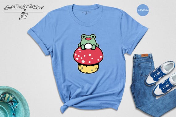 Frog and Mushroom Cute Frog Shirt, Animal Lover Tee, Pocket Detail (Unisex S-XXL, Cotton Blend, Lightweight)