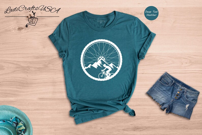 Mountain Bike Wheel Shirt, Cycling Mountain Landscape Tee, Bike Wheel Graphic T-Shirt, Gift for Cyclist image 3