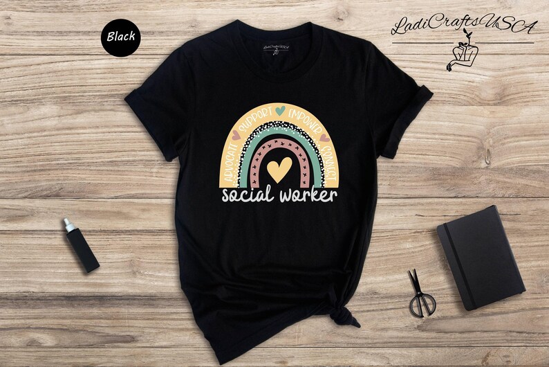 Social Worker Shirt, Boho Rainbow Heart Tee, Advocate Support Empower Gift, Social Work Squad Top image 3
