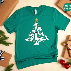 Mermaid Christmas Tree Shirt, Holiday Mermaid Tee, Cute Xmas Gift for Beach Lovers, Unisex Cotton T-Shirt