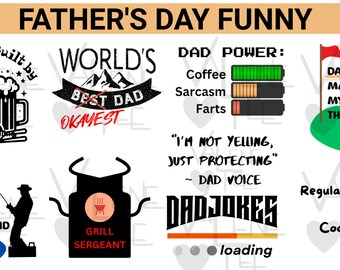 May include: A collection of Father's Day themed illustrations with funny sayings. The illustrations include a grill, a beer mug, a fishing rod, a golf club, and a dad joke loading bar.