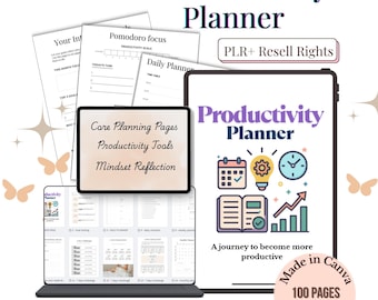 May include: An Ultimate Productivity Planner with "PLR + Resell Rights" text. The planner includes pages for daily planning, Pomodoro focus, and more. The planner is displayed on a tablet and laptop, with a "Made in Canva" badge.