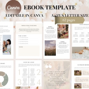Può includere: Un modello di ebook Canva in beige e bianco, con il testo "EBOOK TEMPLATE" e "EDITABLE IN CANVA" sulla copertina. Le pagine includono sezioni per la definizione degli obiettivi, una sfida di 7 giorni e risorse. Il modello è in formato A4 e US Letter, 62 pagine.