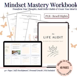 Op de afbeelding: Een digitaal zelfhulpwerkboek getiteld "Mindset Mastery Workbook" met de tekst "Transformeer je gedachten, bouw betere gewoonten op en creëer je ideale leven". De afbeelding toont een laptop, tablet en afgedrukte pagina's.