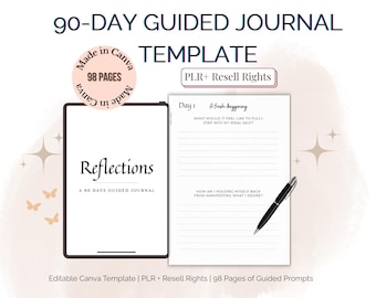 Plantilla de diario guiado de 90 días PLR / Autorreflexión, mentalidad y crecimiento. Plantilla imprimible y editable de Canva para reventa.
