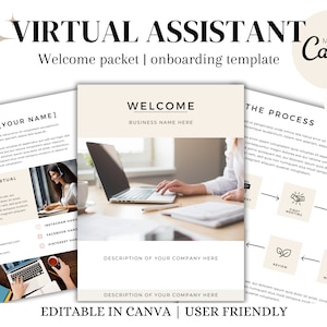 May include: A welcome packet template for virtual assistants, with a beige and white color scheme. The template includes a welcome message, a description of the business, and a process flow chart. The text on the page reads "Virtual Assistant Welcome Packet | Onboarding Template" and "Welcome Business Name Here". The template is editable in Canva and user-friendly.