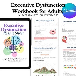 May include: A digital workbook titled "Executive Dysfunction Workbook for Adults" with the Canva logo. The cover features the text "Executive Dysfunction Rescue Sheet" and a colourful brain graphic. The workbook is a quick-start guide.