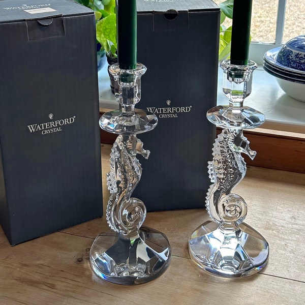 Seahorse candlesticks, Waterford Crystal, Ireland c2015 genuine matching pair of tall pedestal form candle holders, original boxes H 29.1cm