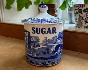 Spode, England vintage 2000 covered 'Sugar' caddy jar container cannister or pot with original lid in Blue Italian Height 16.5cm 6.5in