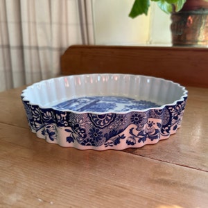 Spode, England vintage c1985 Imperial Cookware oven to table medium round fluted flan, tart, baking and serving dish in Blue Italian W20cm