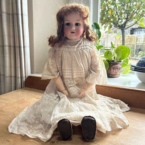 Armand Marseille bisque doll, Germany antique c1910 Edwardian with porcelain head, sleeping eyes, leather and wood body, dressed H 58cm