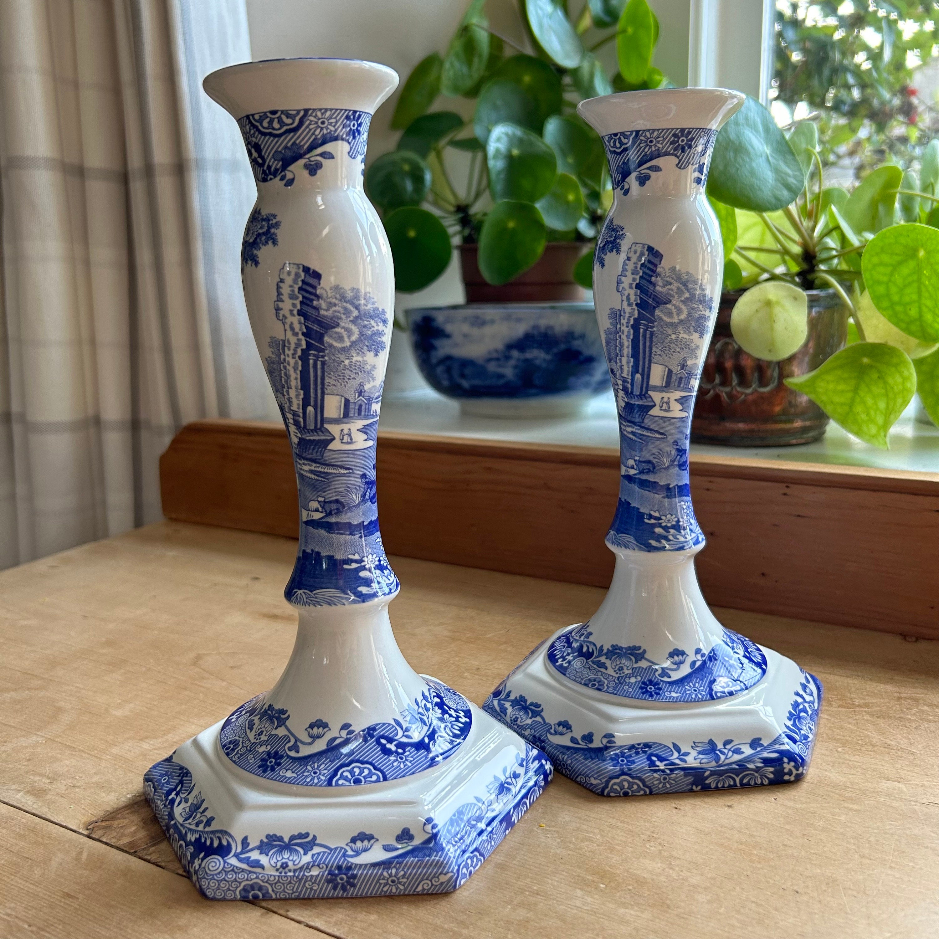 ヴィンテージ スポード ブルーイタリアン トールキャンドルスティック