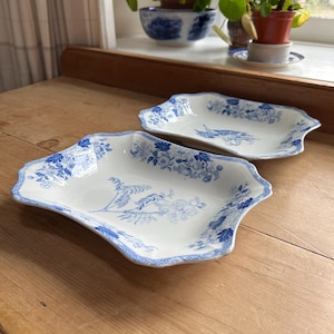 Può includere: Due piatti da portata in porcellana bianca con motivi floreali blu. I piatti hanno un bordo smerlato e una forma rettangolare con lati curvi. Il design floreale comprende fiori e foglie. I piatti sono su una superficie di legno.