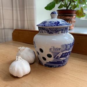 May include: A blue and white ceramic garlic keeper with a lid. The keeper has a floral design and a scene of a castle on a hill. Two white garlic bulbs are sitting on a wooden surface next to the keeper.