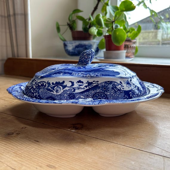 Vintage Copeland Spode Blue Italian Divided Oval Tureen Covered