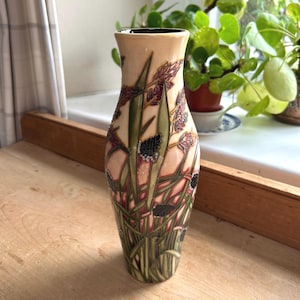 Moorcroft, England vintage 2001 tall slender baluster vase tube lined in Savannah pattern, Ltd Edn 461/500, signed by Emma Bossons H26cm