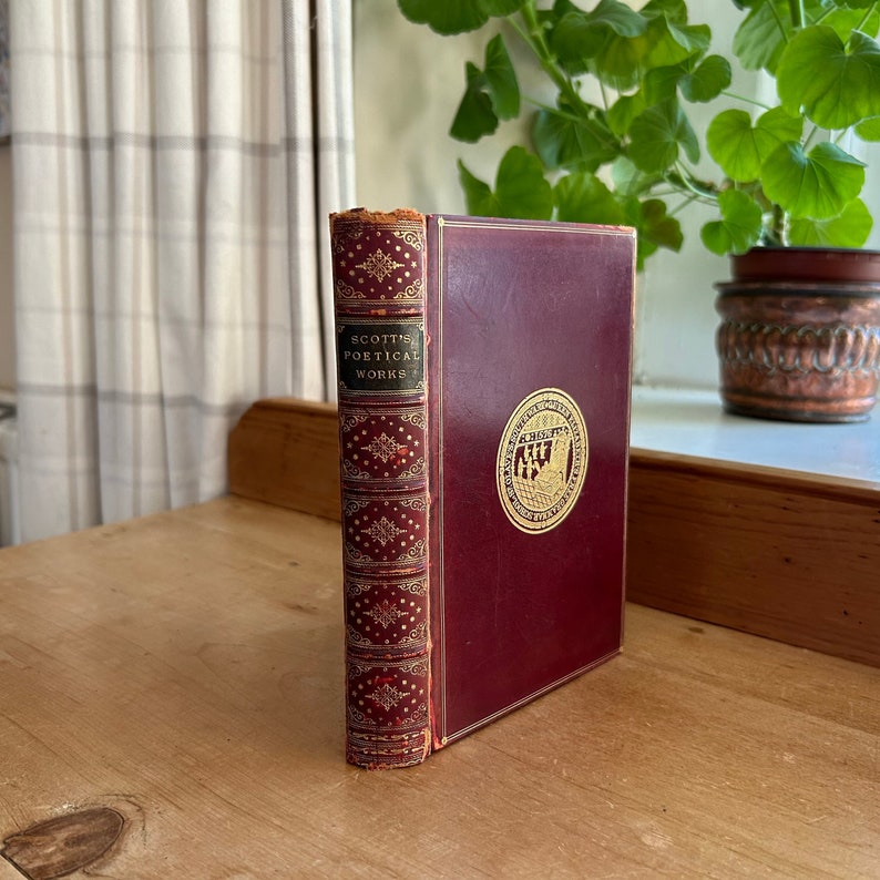 Scott's Poetical Works, pub., MacMillan, London and New York antique 1890 maroon leather with gilt bound hardcover poetry book image 1