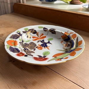 Rare Davenport, England antique 1805-1820 George III fine deep dinner plate, soup bowl or serving dish in hand painted gilded floral pattern