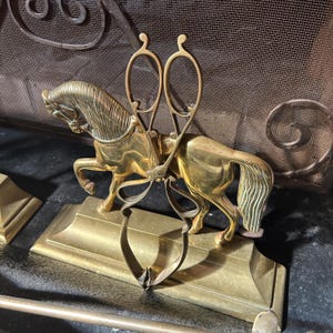 Può includere: Un set di attrezzi per camino in ottone con un supporto a forma di cavallo e una pinza. Il cavallo ha una criniera e una coda dettagliate e la pinza è progettata per assomigliare a delle forbici. Il set è in ottone lucido.