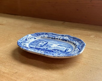 Spode in miniatuur, Engeland vintage 2000 miniatuur vleesbord of serveerschaal in blauw Italiaans patroon W 11,5 cm 4,5 inch