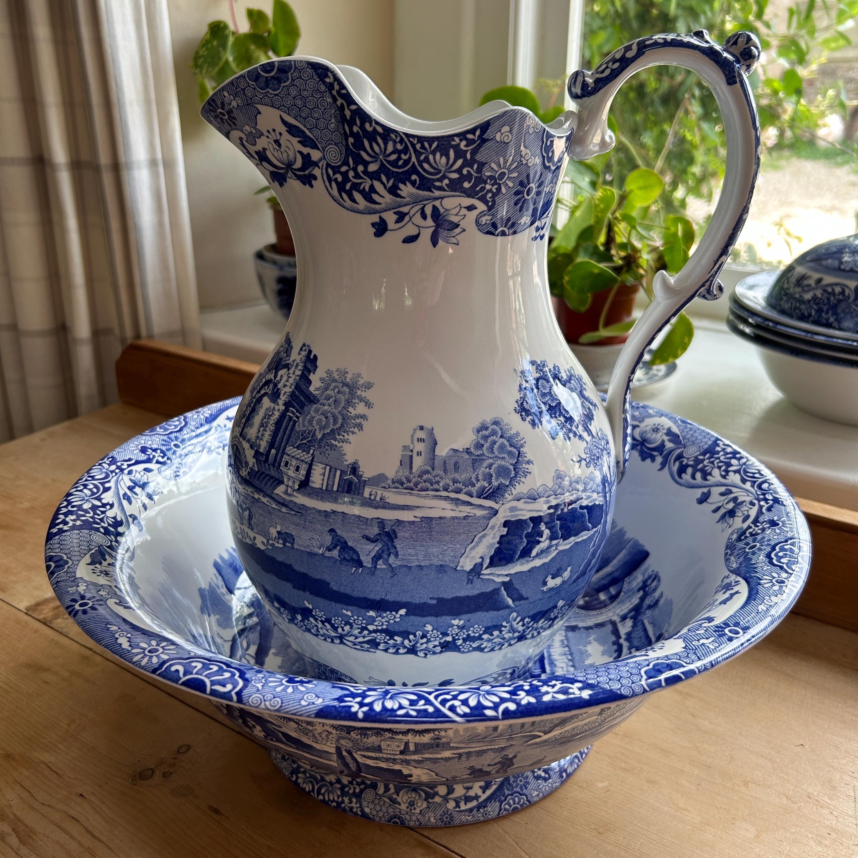 Vintage Spode Blue Italian Chamber Washing Bowl and Jug Set 4.5L