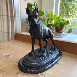 Vintage Bronze Dog after Mêne on Marble Plinth Signed H26cm, France Mid 20thC