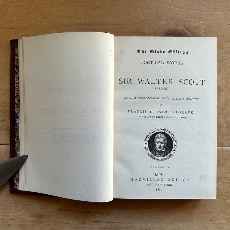 Scott's Poetical Works, pub., MacMillan, London and New York antique 1890 maroon leather with gilt bound hardcover poetry book image 4
