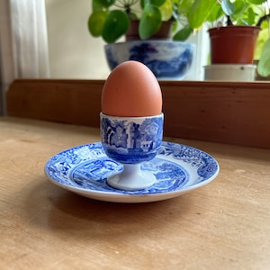 Copeland Spode, England vintage before 1970 smooth round egg cup on pedestal foot with saucer in Blue Italian pattern Width 12.8cm 5in