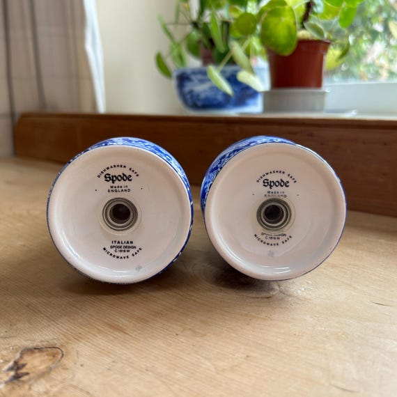 Vintage Spode Blue Italian Pair Tall Salt and Pepper Shakers H16cm